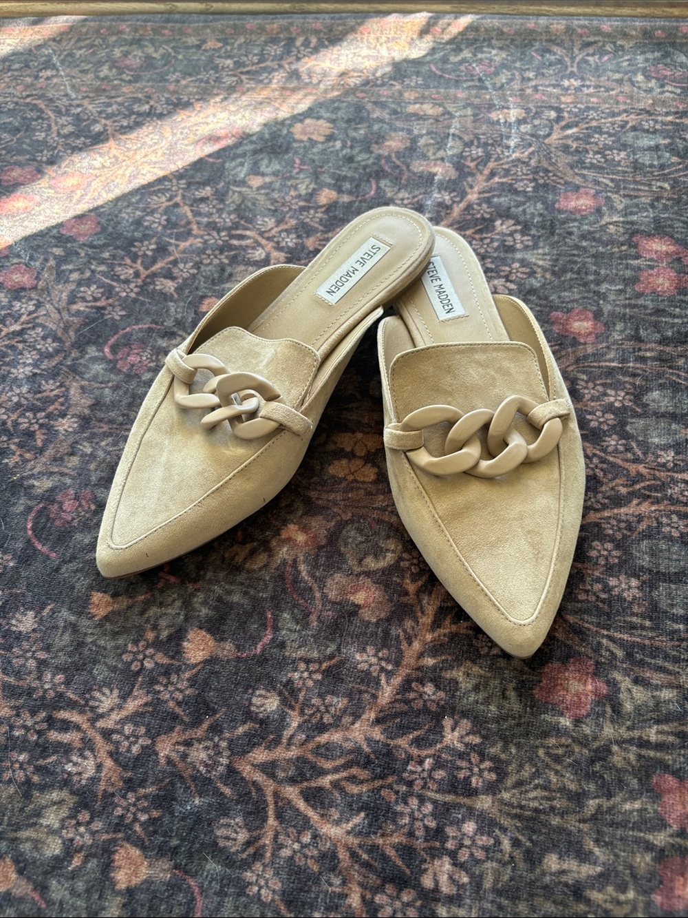 Steve Madden Tan Suede Pointed-Toe Chain Mules